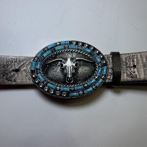 Western Belt Women's Dark Silver Longhorn Skull Turquoise Embossed Buckle NWOT